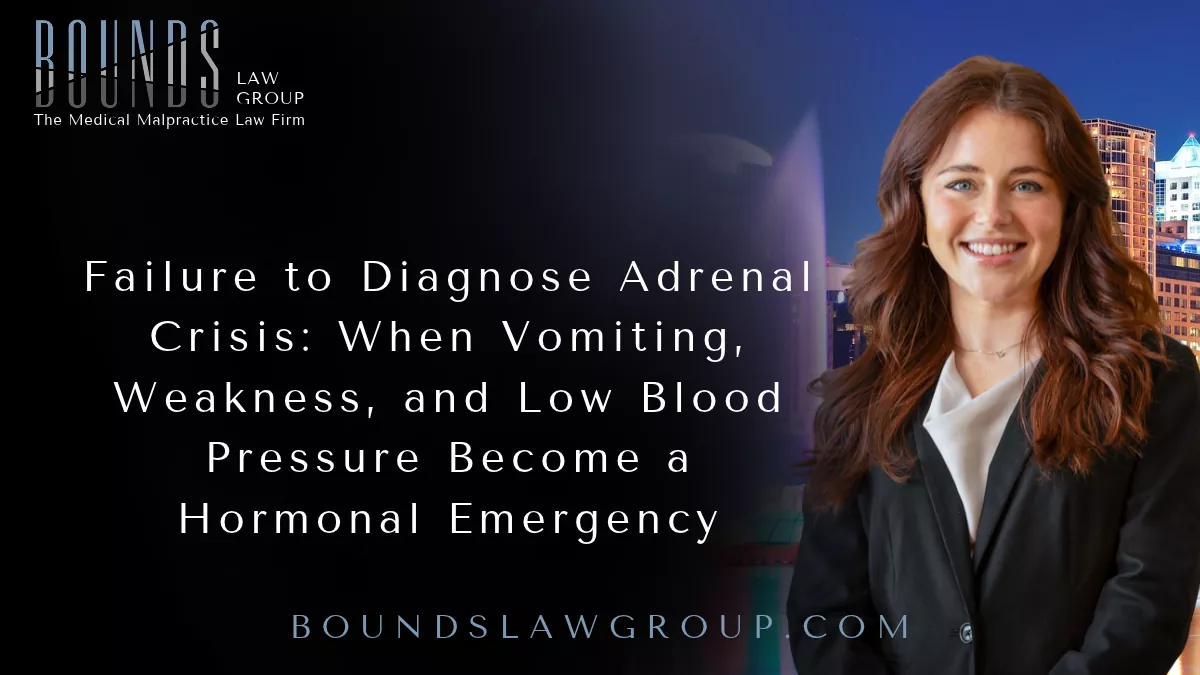 At Bounds Law Group, we represent patients and families throughout Florida whose lives have been changed because serious medical emergencies were not diagnosed or treated in time. Adrenal crisis is particularly dangerous because its early symptoms can resemble much more common illnesses. But when the patient's history, vital signs, and laboratory abnormalities point toward adrenal insufficiency, failing to recognize the emergency can have devastating consequences.