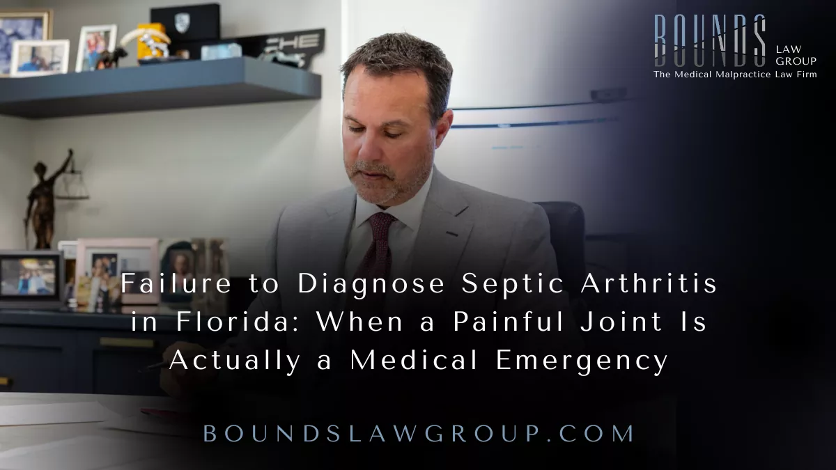 At Bounds Law Group, we represent patients and families throughout Florida whose lives have been changed because serious infections and other medical emergencies were not diagnosed or treated in time. When septic arthritis is missed, the delay can turn a treatable infection into permanent orthopedic disability.
